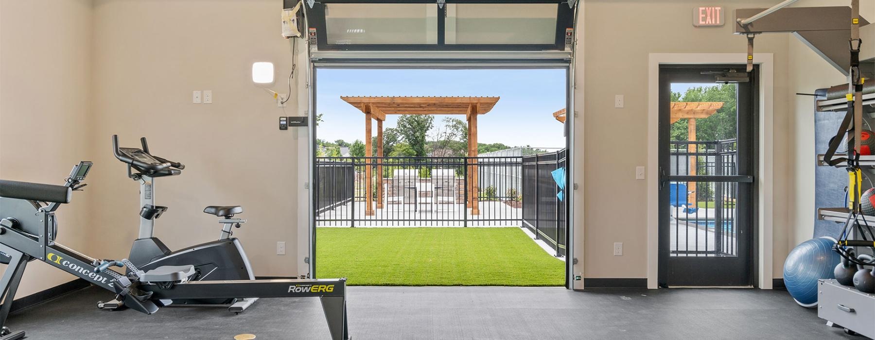 a garage with a gate and a bike rack