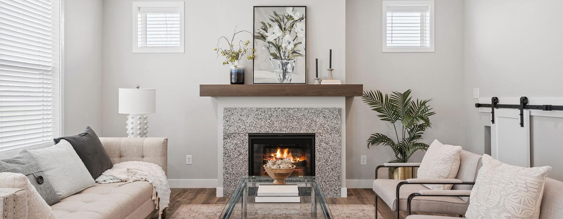 a living room with a fireplace